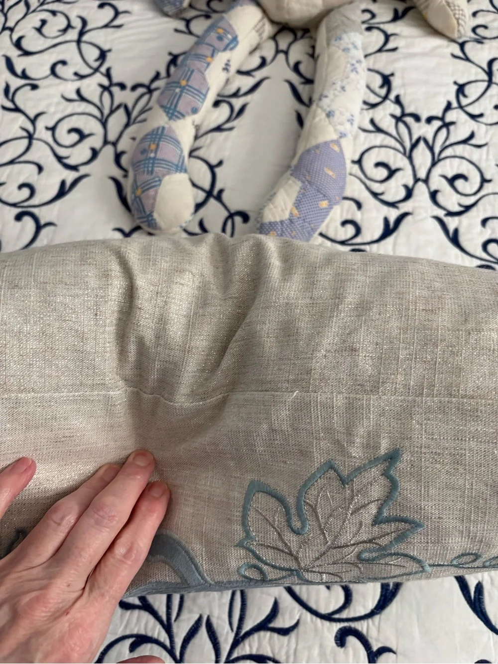 Splendid Blue and Cream Pumpkin Embroidered Holiday Pillow